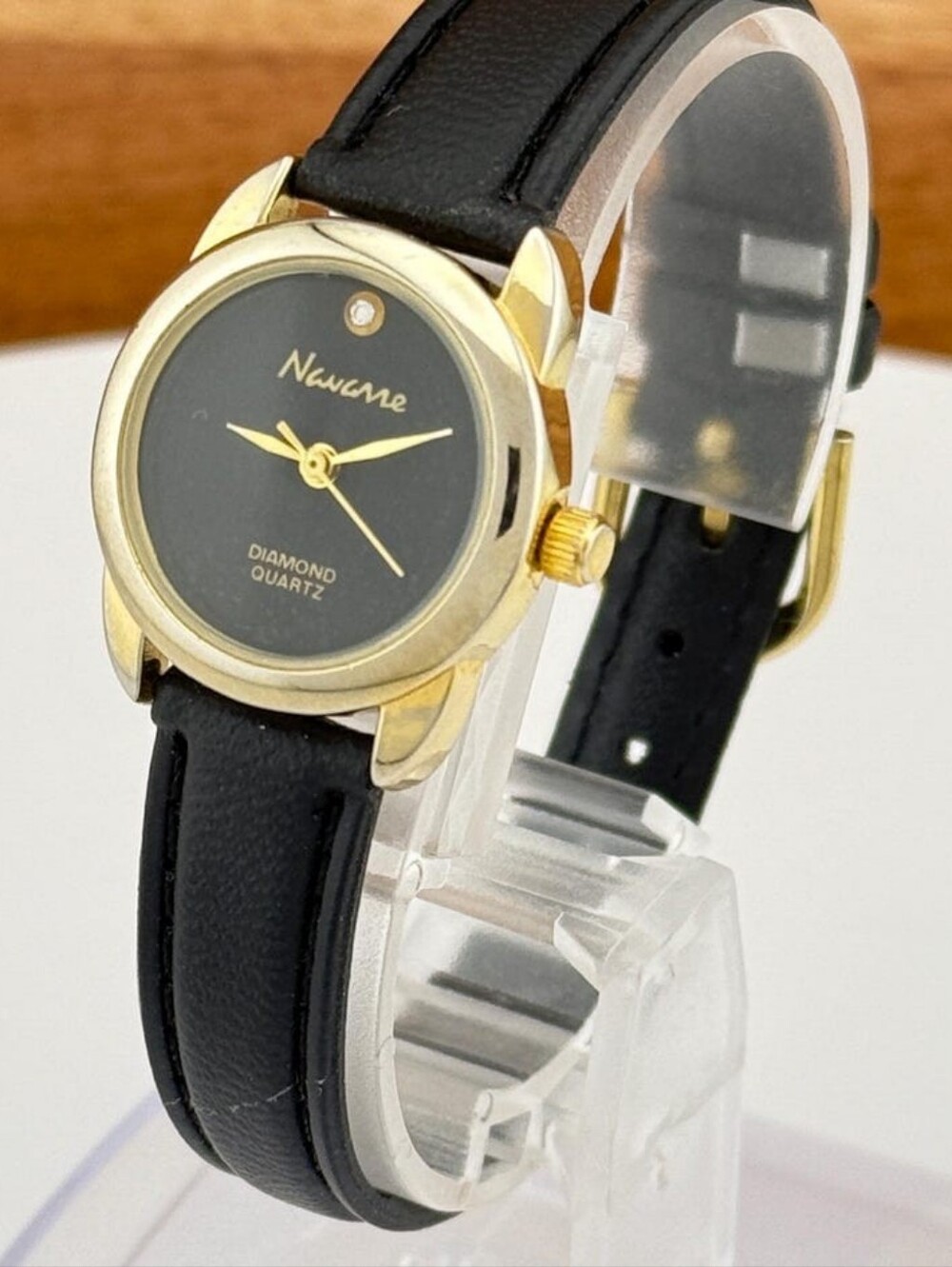 Vintage Navarre Diamond Quartz Watch Black Dial Gold Tone Leather Band CC
